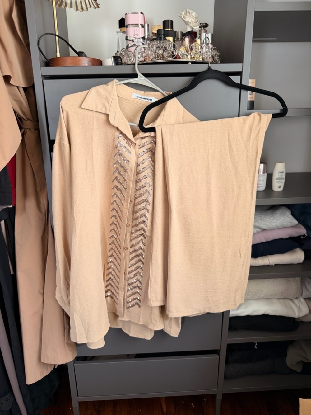 Chunky Sequin Chevron Button-Up Top in Beige by